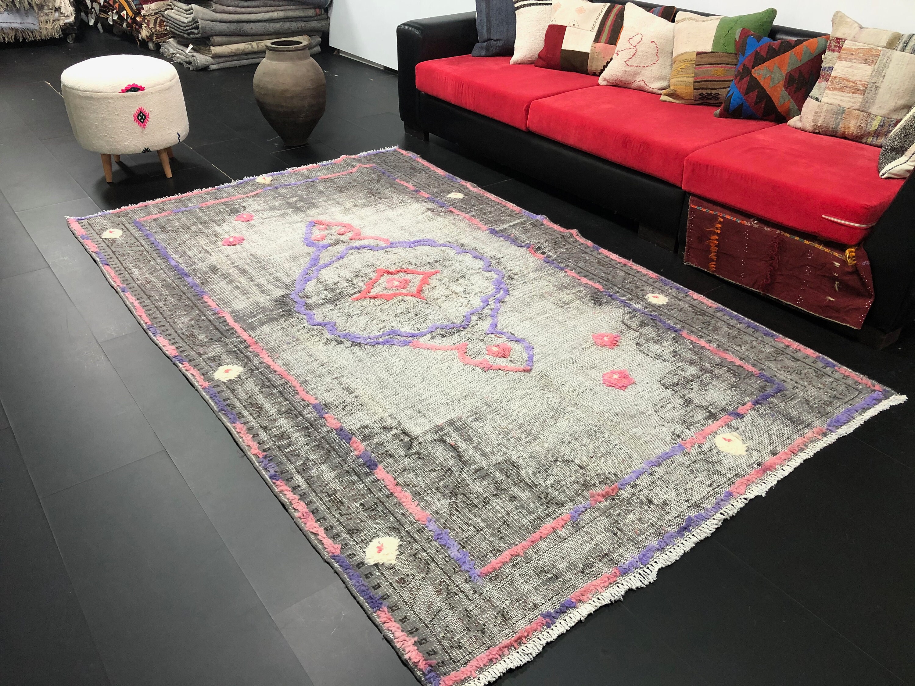 Distressed Turkish Rug, Gray Overdyed Rug, Handmade Pompom Rug, Vintage ...