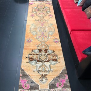 Orange Turkish Antique Runner Rug, Ethnic Design Runner Rug, Turkish Runner Rug, Boho Decor Hallway Runner Rug, 11.4 ft x 2.8 ft, C1548