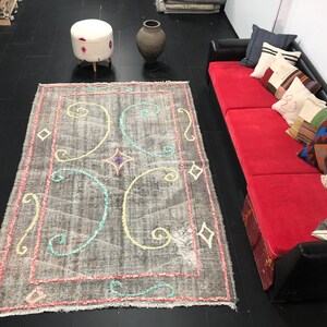 Gray Distressed Rug, Vintage Turkish Area Rug, Handmade Wool Rug, Traditional Rug, Faded Overdye Rug, Overdyed Rug, 6x9 ft Gray Rug, SKU:R28