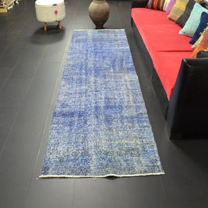 Blue Turkish Runner Rug, Blue Overdyed Rug, Bohemian Rug, Decorative Runner Rug, Vintage Rug, Boho Rug, Faded Blue Runner Rug, 3x10 ft C1059