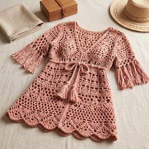 Peut inclure: Un haut en crochet rose poudré avec un col en V, des manches cloche à franges et une ceinture à nouer. Le motif ajouré présente un ourlet festonné et des pompons décoratifs. Le haut est en fil doux et texturé.