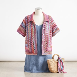 Crochet Granny Square Cabana Shirt Pattern PDF No-Sew Seamless Summer Top Adult XS-5XL Retro Boho Cardigan Vintage Colorful Patchwork Jacket