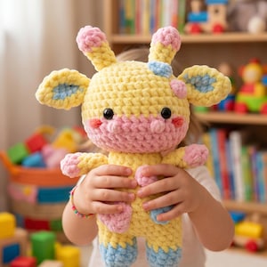 Peut inclure: Une peluche crochetée à la main en forme de girafe, dotée d'un corps jaune avec des taches roses et bleu clair, deux petites cornes, de grands yeux noirs de sécurité et une finition en fil doux et texturé, avec une tête arrondie et des membres.