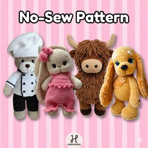 Ultimate 4-in-1 No-Sew Crochet Pattern Bundle | Chef Bear, Highland Cow, Pink Bunny, & Long-Ear Puppy | Easy Amigurumi Digital Download