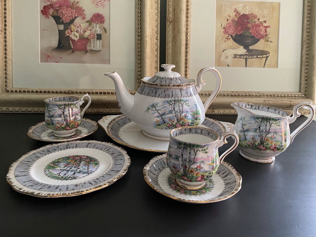 Royal Albert Silver Birch Tableware Set for 2 People With Teapot, 2