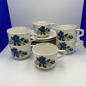 Bavaria coffee or tea set of 6 vintage tea or coffee cups and saucers with blue flower in the shape of a rose. Vintage tableware.