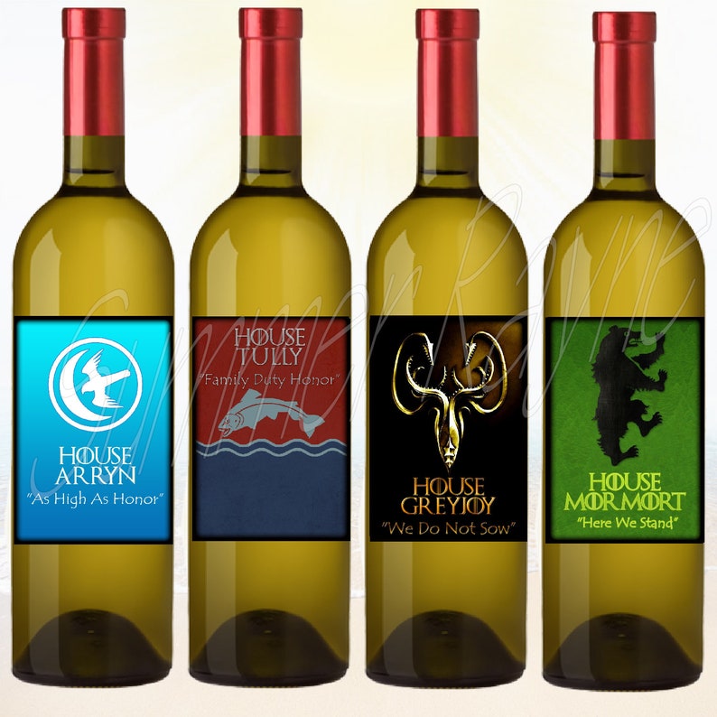 Set of 4 GOT Viewing Party Favors House Arryn Tully Greyjoy Mormort Games of Thrones GOT Wine Bottle Labels