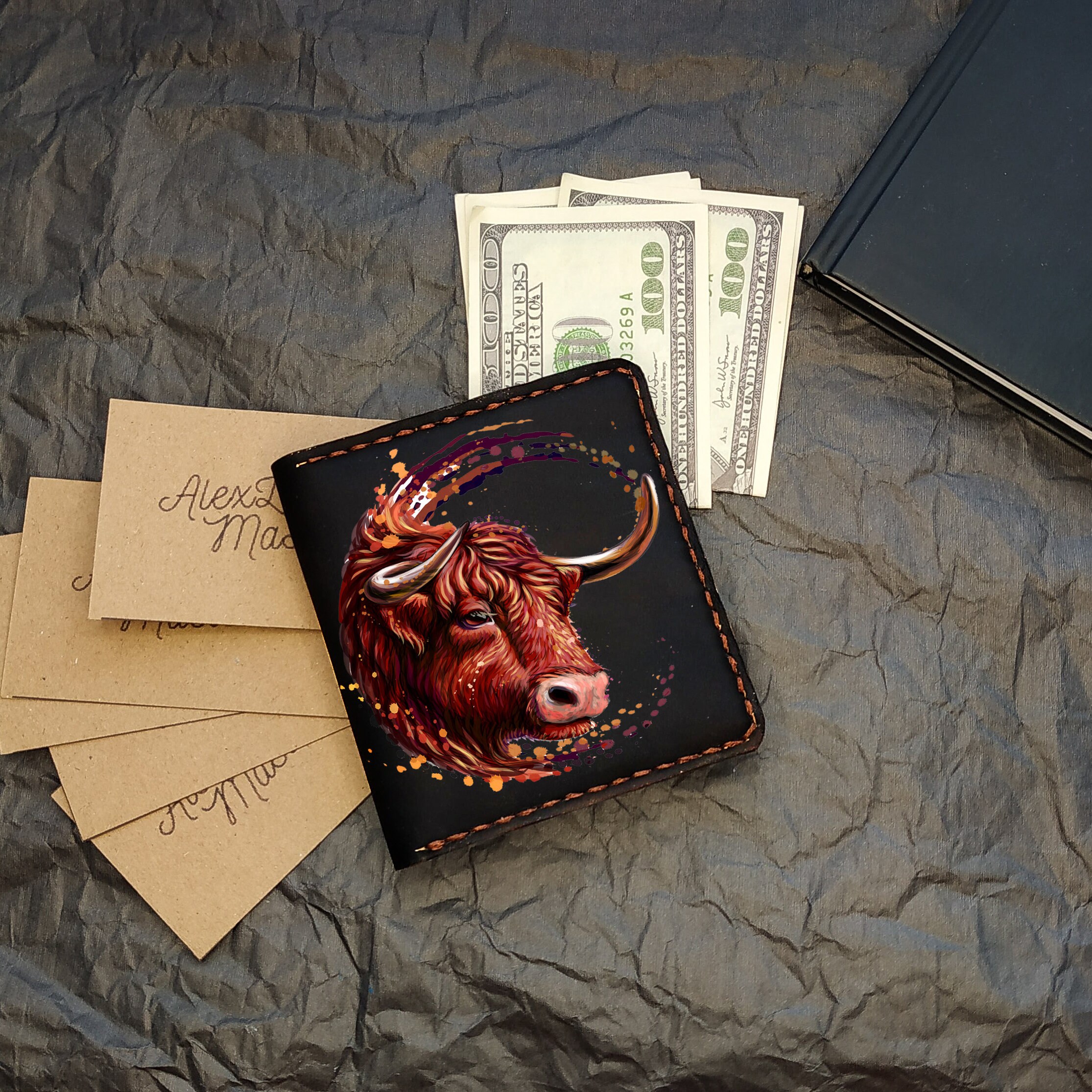 BULL Embossing Leather Wallet Taurus Wallet Small Leather Etsy