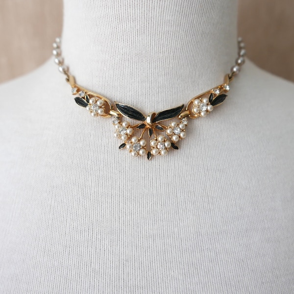 Coro Necklace with Cream Pearl Flowers, Black Enamel Leaves in a Gold-Tone Setting. Vintage Coro Necklace.
