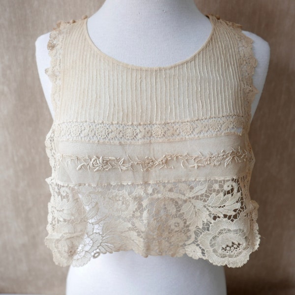 Antique Vintage French Lace Collar Bib. Dress Front. Delicate Antique Lace Bib. Dark Ecru Lace and Embroidery Bib.