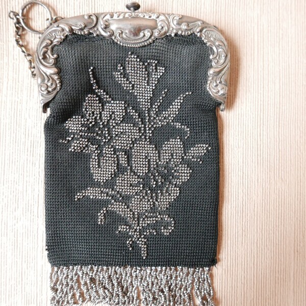 German Silver Purse. Vintage Beaded Purse. Antique Crochet Bag with Silver Beads circa 1900s. Edwardian Purse. Vintage Evening Bag.