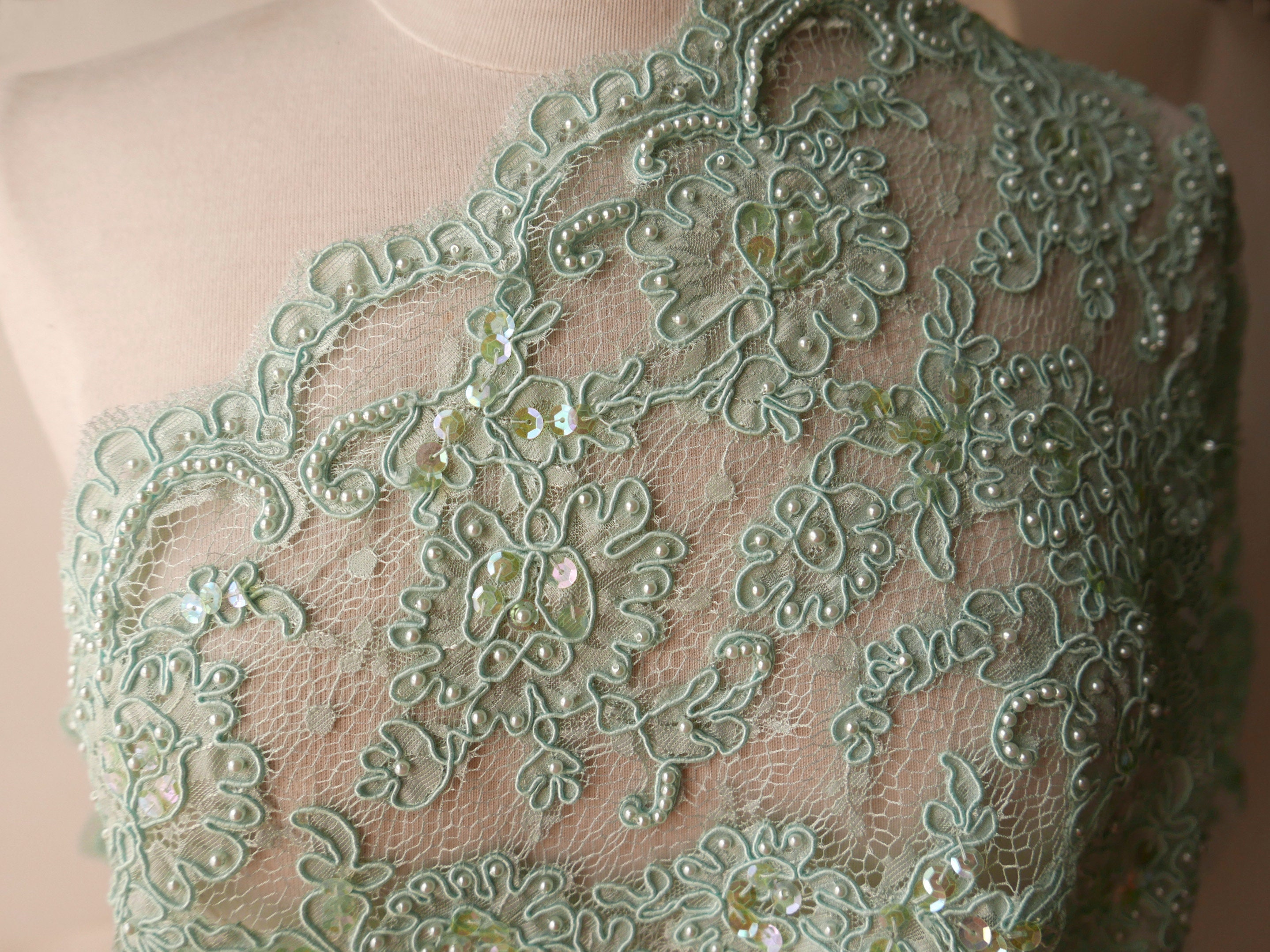 Light Green Crystal Pearl Beaded Fabric, Tiffany Blue Sequin Lace