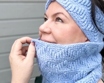 Patrón de crochet para bufanda y diadema en zigzag, calentador de orejas y bufanda de cuello alto para mujer, bufanda moderna y fácil para principiantes, patrón en PDF