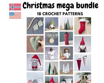 Lot de 18 motifs au crochet de Noël, motifs de Noël au crochet, arbre à pompons, arbre de Noël, ange, nain, coeur, modèle de bas