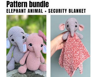 Elephant crochet pattern baby shower gift set, Crochet elephant toy, Elephant security blanket pattern, Newborn gift amigurumi PDF pattern