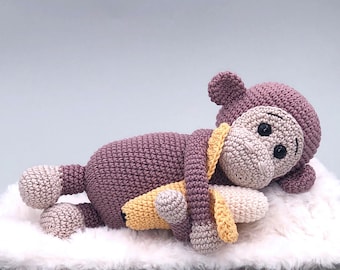 Patrón de crochet de mono amigurumi en pdf, Patrón de juguete de animal gorila con plátano, Muñeco de mono amigurumi para baby shower, Patrón de crochet de mono