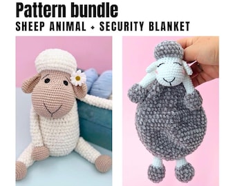 Giocattolo agnello e set di schemi all'uncinetto per coperta di sicurezza agnello, facile coperta di peluche amigurumi, animale pecora all'uncinetto, regalo per baby shower, schema PDF