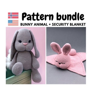 Bunny animal and Bunny security blanket crochet pattern set, Easy amigurumi bunny blanket, Crochet bunny toy, Baby shower pack, PDF pattern