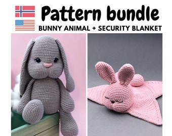 Bunny animal and Bunny security blanket crochet pattern set, Easy amigurumi bunny blanket, Crochet bunny toy, Baby shower pack, PDF pattern