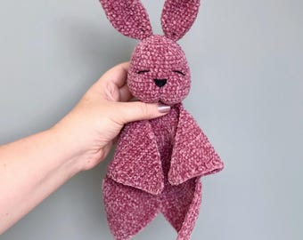 Plush bunny security blanket crochet pattern, Easy snuggler baby gift, Soft baby blankie comforter patterns, Rabbit blanket baby shower gift
