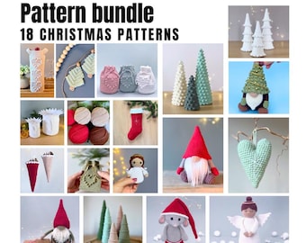 May include: A collection of 18 crochet Christmas patterns featuring ornaments, gnomes, trees, a stocking, a heart, an angel, and a wine bottle cover.  Pattern bundle, 18 Christmas patterns.