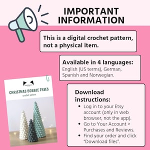K&ouml;nnte beinhalten: Ein digitales H&auml;kelmuster zum Herstellen von Weihnachtsbaum-Bobbeln. Das Muster ist in vier Sprachen verf&uuml;gbar: Englisch (US-Begriffe), Deutsch, Spanisch und Norwegisch. Anweisungen zum Herunterladen des Musters sind enthalten.