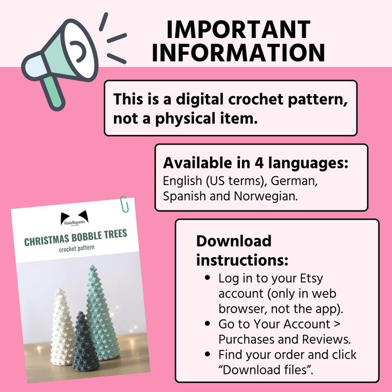 K&ouml;nnte beinhalten: Ein digitales H&auml;kelmuster zum Herstellen von Weihnachtsbaum-Bobbeln. Das Muster ist in vier Sprachen verf&uuml;gbar: Englisch (US-Begriffe), Deutsch, Spanisch und Norwegisch. Anweisungen zum Herunterladen des Musters sind enthalten.