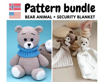 Teddy bear and Teddy bear security blanket set, Easy amigurumi bear plush blanket, Crochet pattern bear animal, Babyshower pack, PDF pattern