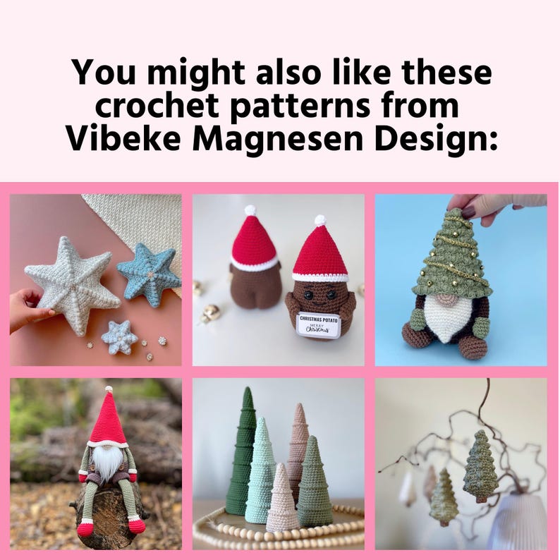 K&ouml;nnte beinhalten: Eine Sammlung von H&auml;kelmustern mit Weihnachtszwergen, B&auml;umen und Sternen. Die Muster wurden von Vibeke Magnesen Design entworfen.