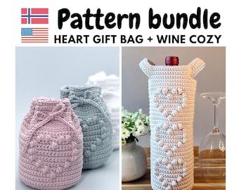 Wine cover and gift bag set, 2 patterns, Crochet bags with bobble heart, Mothers day bundle patterns, Heart gift bag diy, Heart wine cover