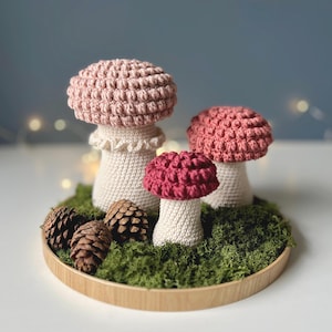 Puede incluir: Tres setas de ganchillo con sombreros texturizados en tonos rosa empolvado, rosa y rojo oscuro, con tallos de color crema. Las setas están dispuestas sobre una base redonda de madera cubierta de musgo verde, junto a tres pequeñas piñas.