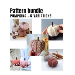 Könnte beinhalten: Ein Musterbündel mit dem Titel Pattern bundle PUMPKINS - 5 VARIATIONS, das fünf verschiedene gehäkelte Kürbisse in verschiedenen Rosa-, Braun- und Cremetönen zeigt. Jeder Kürbis hat eine strukturierte Oberfläche und einen kleinen, geraden braunen Holzstiel.