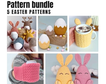 May include: A set of five crochet patterns for Easter-themed amigurumi. The patterns include a bunny, a mug, and an egg. The patterns are available as a digital download.