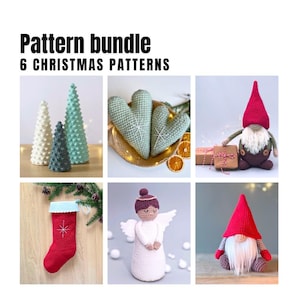 Christmas bundle pack 6 crochet patterns, Crochet Christmas trees, crochet hearts, Crochet Christmas stocking, angel and gnomes PDF pattern