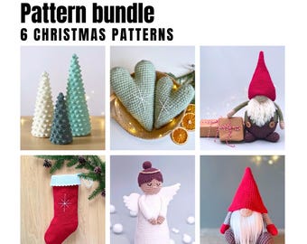 May include: A bundle of six crochet Christmas patterns featuring a variety of festive designs, including a stocking, a gnome, a heart, a tree, and an angel.  The patterns are perfect for adding a handmade touch to your holiday decor.