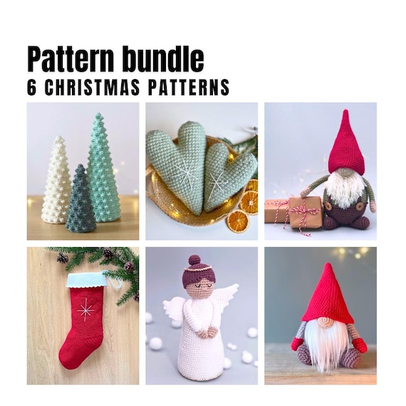 Christmas bundle pack 6 crochet patterns, Crochet Christmas trees, crochet hearts, Crochet Christmas stocking, angel and gnomes PDF pattern