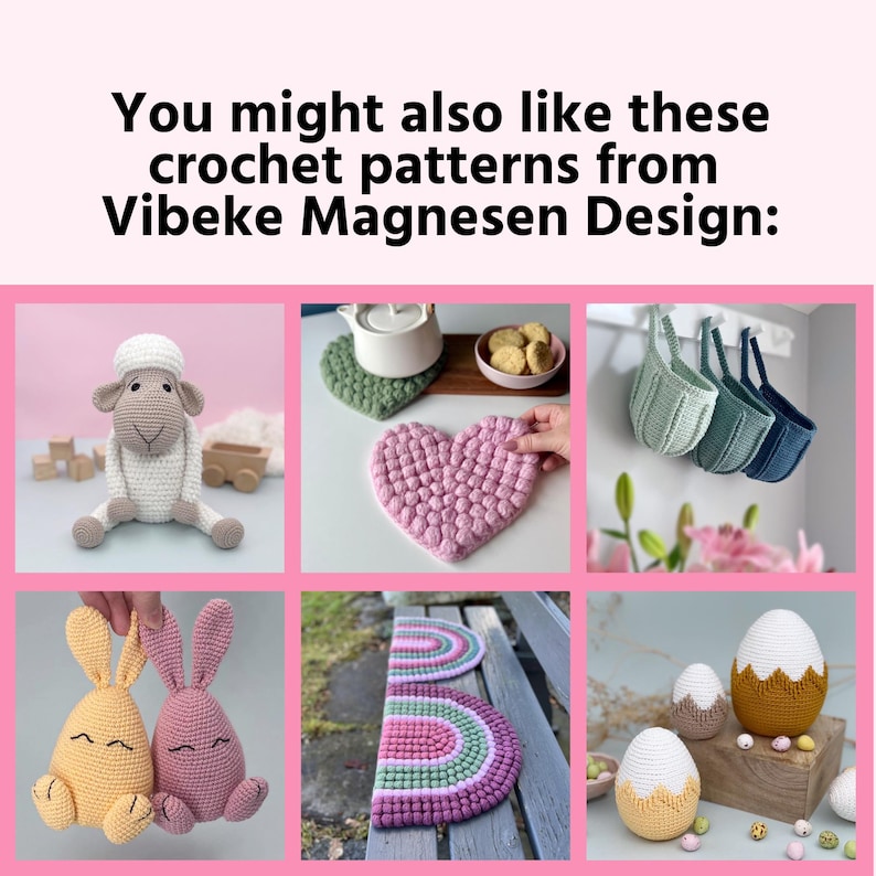 May include: A collection of crochet patterns featuring a white sheep, a pink heart-shaped pot holder, a set of green, blue, and gray crocheted baskets, a rainbow-colored crocheted rug, and a set of crocheted eggs.