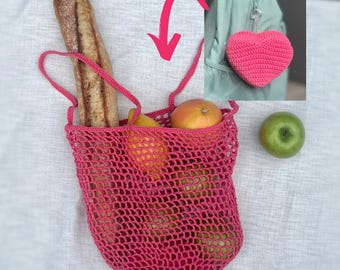 Foldable crochet market bag pattern, Heart net bag, Recycle grocery bag gift, Crochet pattern mesh market bag, Keychain bag, PDF pattern