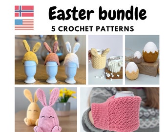 Easter bundle pack 5 PDF crochet patterns, Crochet Easter bunny, Drink mitt pattern, Easter eggs pattern, Crochet cup cozy, Egg hat patterns