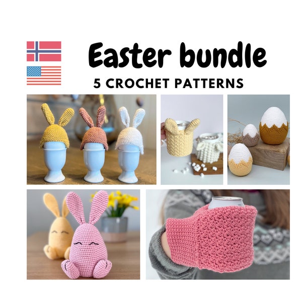 Easter bundle pack 5 PDF crochet patterns, Crochet Easter bunny, Drink mitt pattern, Easter eggs pattern, Crochet cup cozy, Egg hat patterns