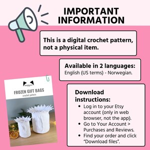 May include: A digital crochet pattern for making frozen gift bags. The pattern is available in English and Norwegian. Instructions for downloading the pattern are included.