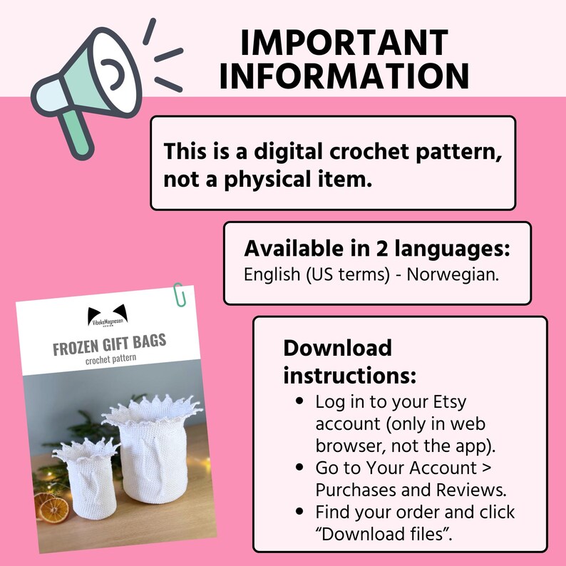 May include: A digital crochet pattern for making frozen gift bags. The pattern is available in English and Norwegian. Instructions for downloading the pattern are included.