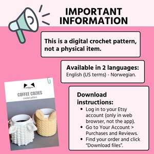 May include: A digital crochet pattern for coffee cozies. The pattern is available in English and Norwegian. The image shows two crocheted coffee cozies, one white and one yellow, with a text overlay that says "COFFEE COZIES crochet pattern".