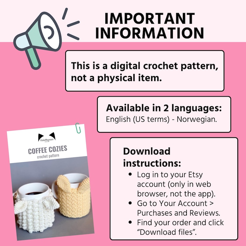 May include: A digital crochet pattern for coffee cozies. The pattern is available in English and Norwegian. The image shows two crocheted coffee cozies, one white and one yellow, with a text overlay that says "COFFEE COZIES crochet pattern".