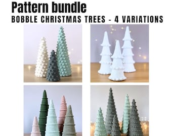 Op de afbeelding: Een patroonbundel voor het haken van vier variaties van kerstboom. De bomen zijn gemaakt met bobbels en zijn verkrijgbaar in verschillende kleuren, waaronder wit, groen, grijs en roze.