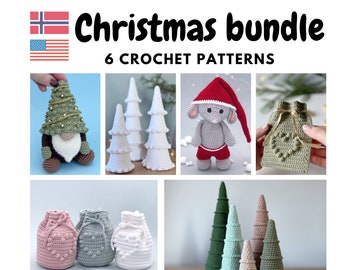 Christmas bundle pack 6 crochet patterns, Crochet Christmas trees, Crochet heart gift bags, Crochet gnome and Christmas mouse, PDF pattern