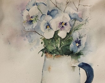 Watercolor Violets, Still Life, Enamelware, Flowers in Pitcher, Original Watercolor Painting, Farmhouse Wall Art, Prints, Darcy Brambrink