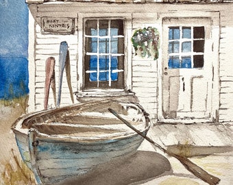Boat House, Watercolor, Beach Home, Modern Art, Boat Watercolor, Seaside Coastal Art by Darcy Brambrink