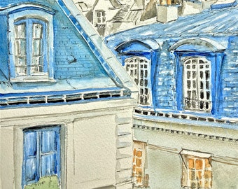 Paris Rooftops Watercolor Print: Blue & White Impressionist Art
