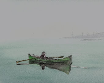 Original Watercolor Lone Canoe on Lake Giclee Prints by Darcy Brambrink